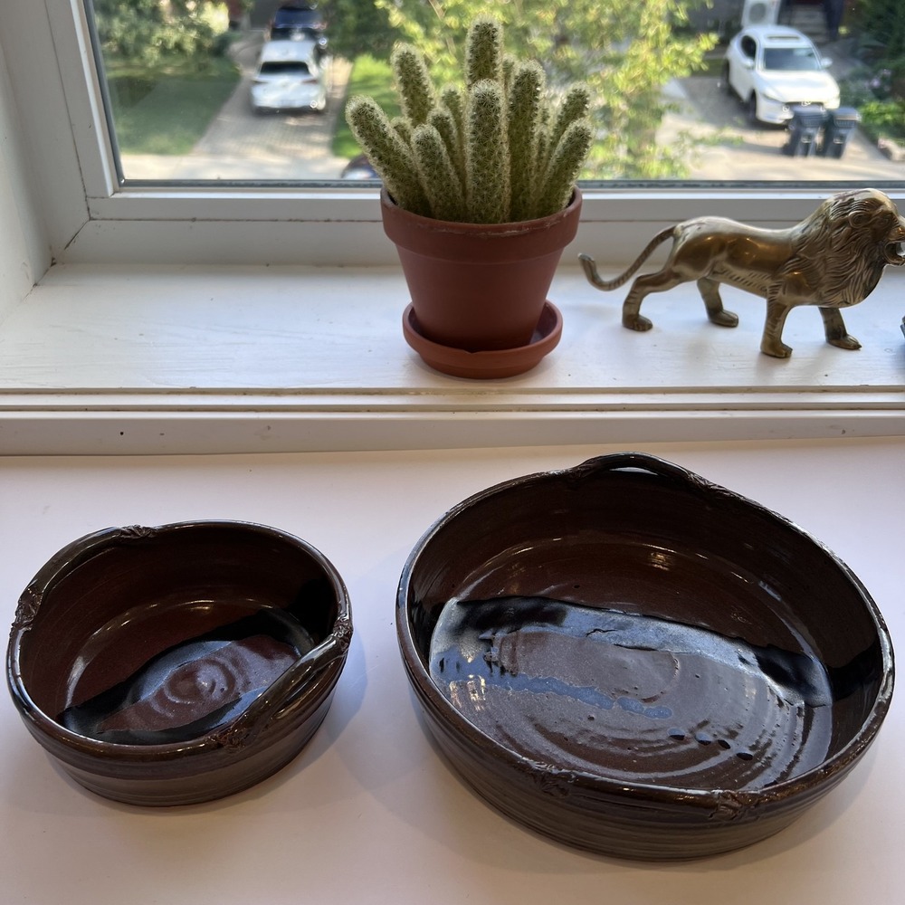 Handmade Studio Pottery Serving Bowls Set of 2 Rustic Glazed Terracotta Brown
